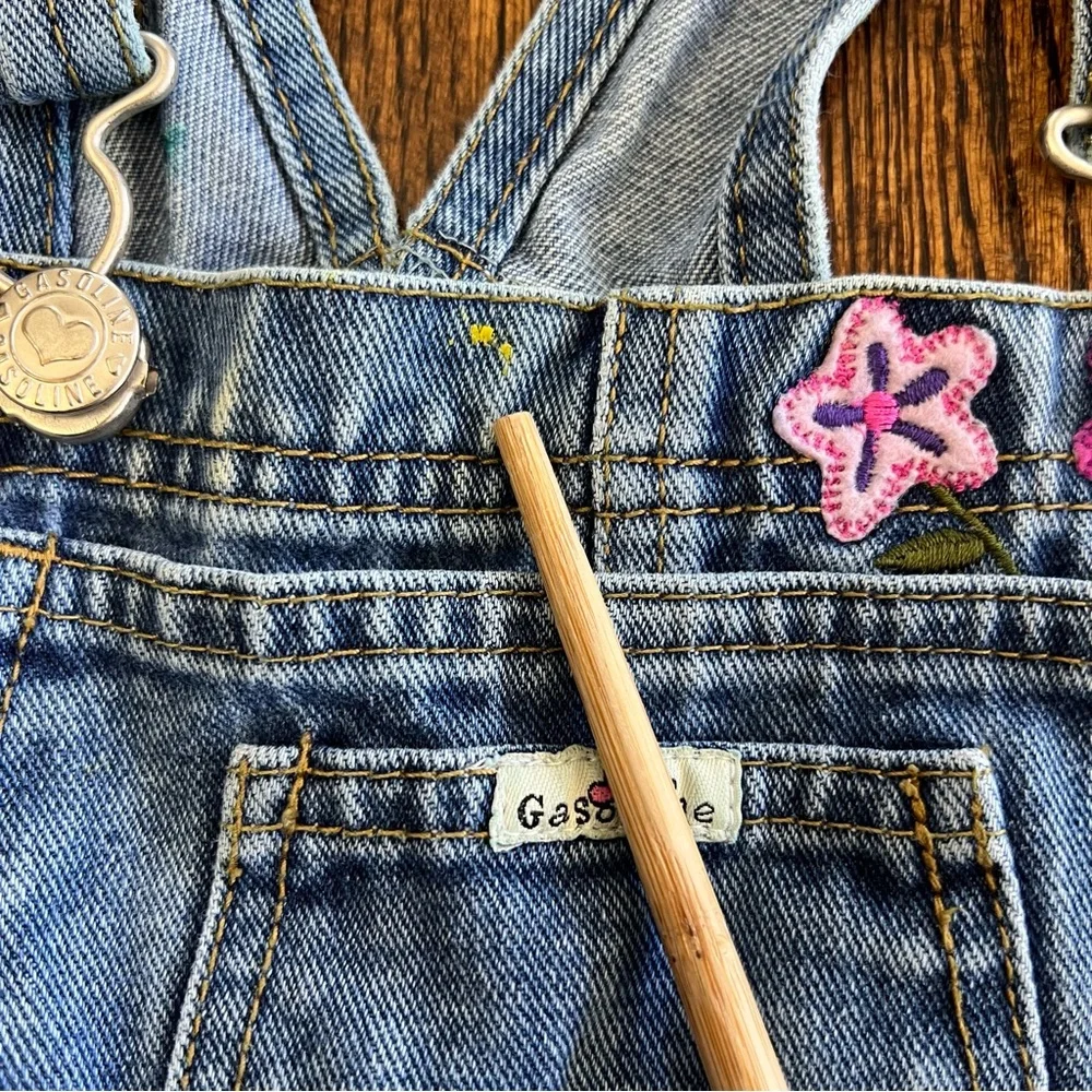 Vintage Y2K Gasoline Girls Bib Overalls Size Large Denim Jeans Flower Power